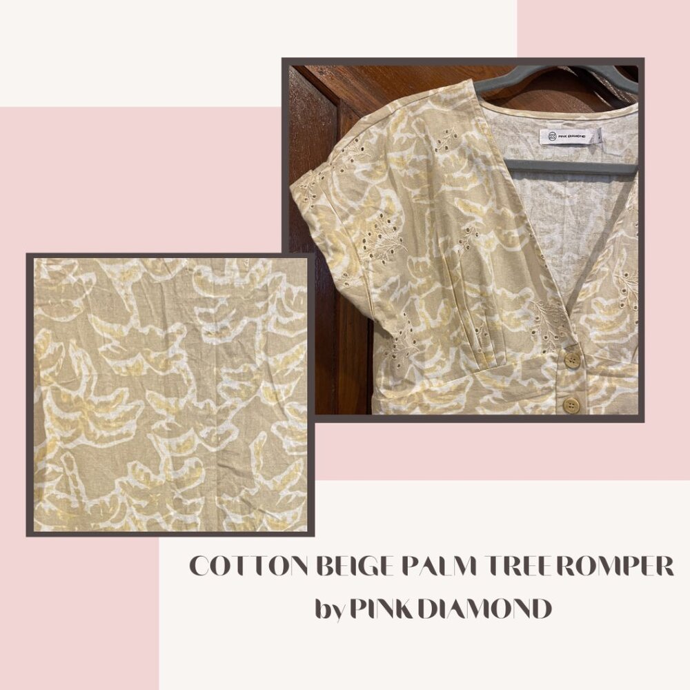 PINK DIAMOND Cotton Romper Pockets Buttons Eyelet Beige Palm Trees